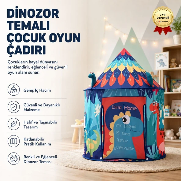 Dinozor Temalı Çocuk Oyun Çadırı Katlanabilir ve Taşınabilir ürün görseli 1