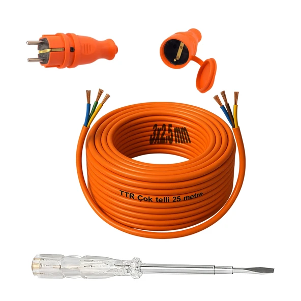Seyyar 25 Metre Uzatma Kablosu TTR CCA Telli 3x2.5 mm Elektrik Kablo Kontrol Kalem Dişi Erkek Fiş ürün görseli 1