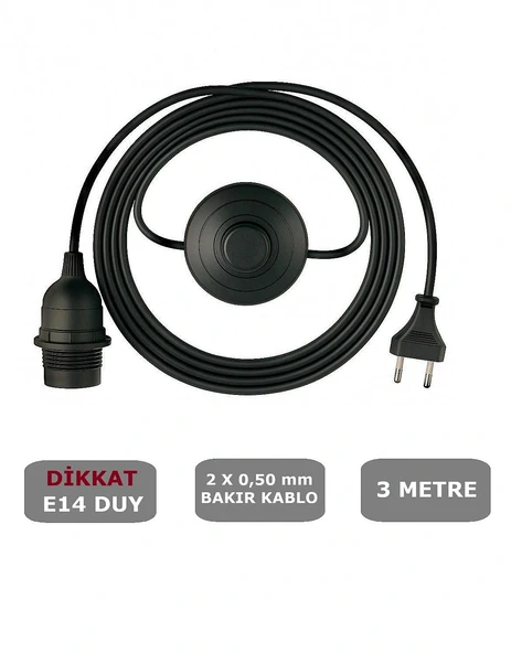E14 Duylu 3 Metre Yerpuarlı (AÇ KAPAT ANAHTAR) Fişli Seyyar (2X0,50) (SİYAH) ürün görseli 1