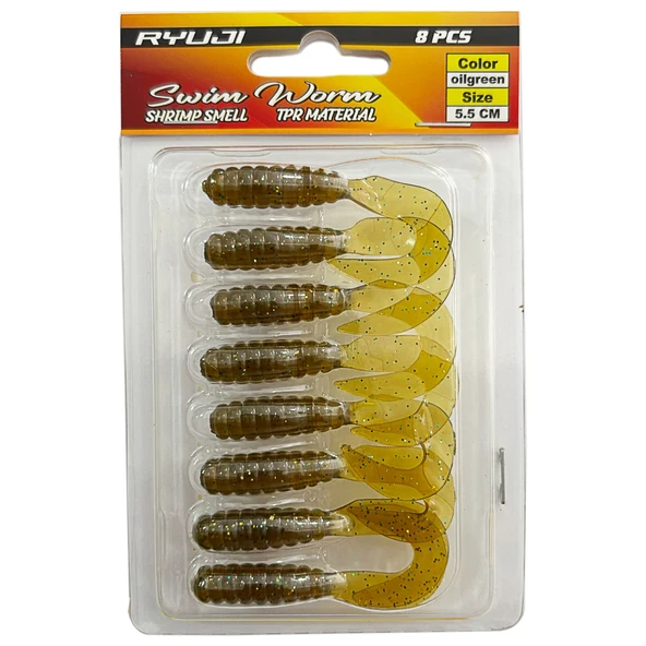 Ryuji Swim Worm 5.5cm 8 Adet LRF Silikon Yem  Oil Green ürün görseli 1