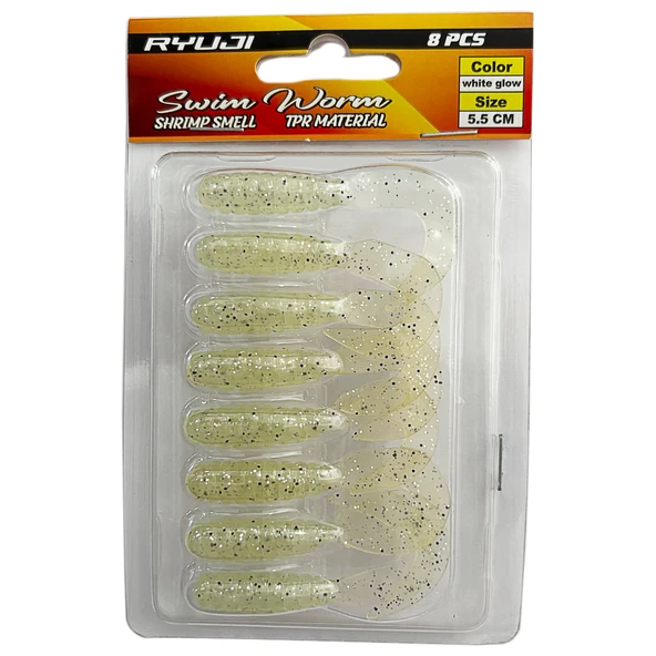 Ryuji Swim Worm 5.5cm 8 Adet LRF Silikon Yem  White Glow ürün görseli 1