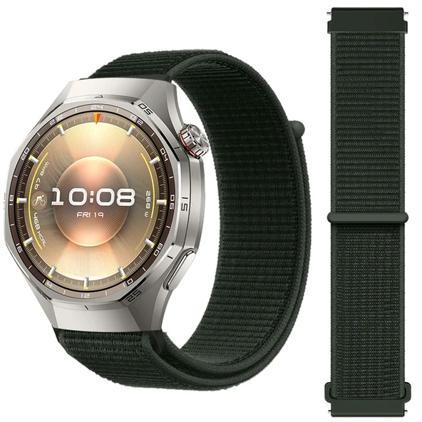 Huawei Watch GT6 Pro 46mm İle Uyumlu Ayarlanabilir Cırt Cırtlı Yumuşak Spor Kumaş Örgü Kordon  Haki ürün görseli 1