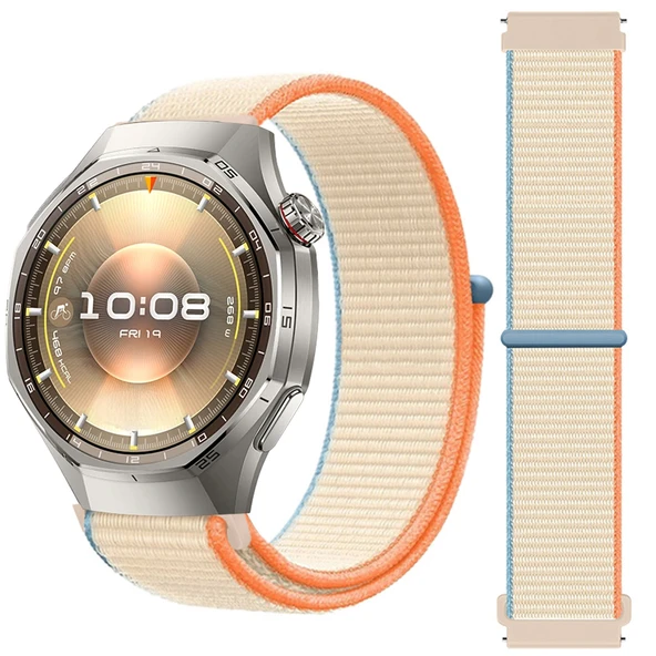Huawei Watch GT6 Pro 46mm İle Uyumlu Ayarlanabilir Cırt Cırtlı Yumuşak Spor Kumaş Örgü Kordon  Bej ürün görseli 1