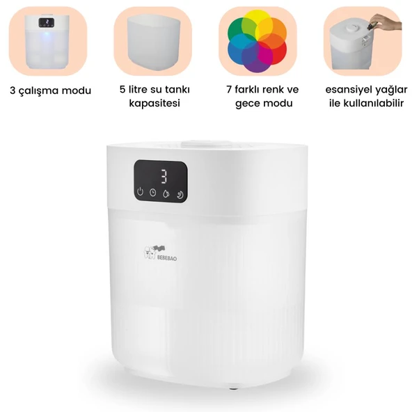 Bebebao Pufi 5lt Ultrasonik 7 Renkli Buhar Makinesi Hava Oda Ortam Nemlendirici Dokunmatik Panel Aromatik Yağ Hazneli ürün görseli 1