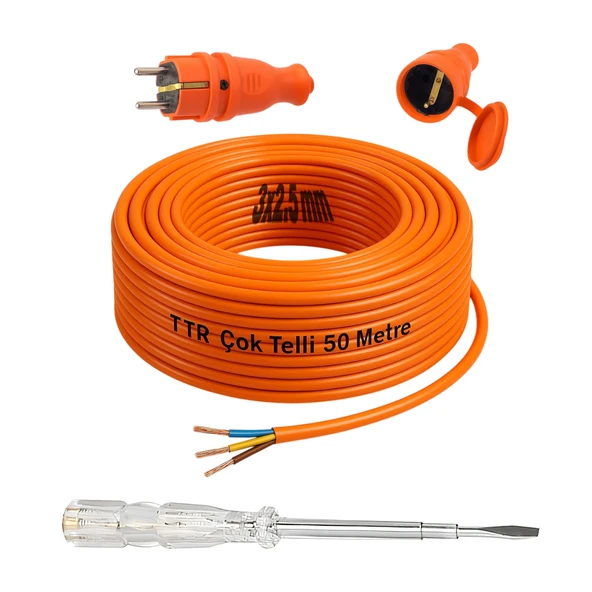 Seyyar 50 Metre Uzatma Kablosu TTR CCA Telli 3x2.5 mm Elektrik Kablo Kontrol Kalem Dişi Erkek Fiş ürün görseli 1
