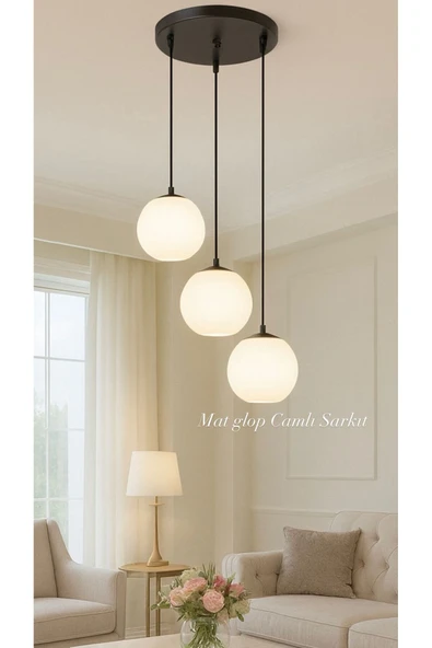 Fico Home Modern Rize Camlı Avize Camlı Salon Avizesi 3 lü Sarkıt Avize Metal Gövde İthal Mat Beyaz Camlar ürün görseli 1