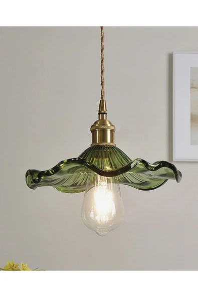 burenze Modern Tasarım Vintage Boheme Estetik El Yapımı Yeşil Camlı Sarkıt Avize Eskitme Gold Kahve Örgü ürün görseli 1