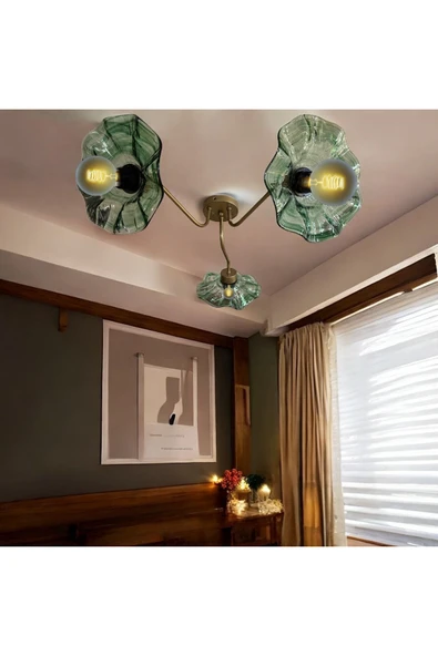 burenze Luxury Modern Exclusive Tasarım Yeşil Kristal Camlı Flower Çiçek Üçlü Avize Eskitme Gold Sarı ürün görseli 1