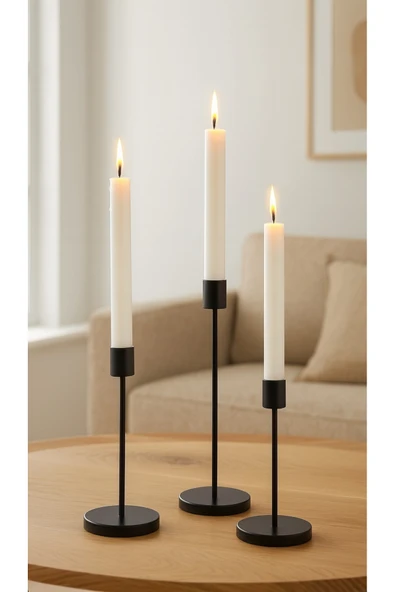 burenze Modern Metal Dekoratif Mumluk 3’lü Set Şamdan Obje Siyah (Mum Hariçtir) ürün görseli 1