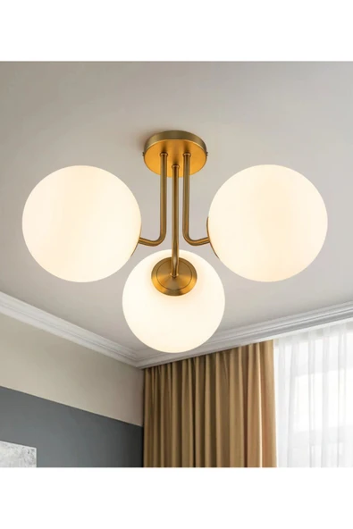 burenze Modern Tasarım Tavana Sıfır Emma Beyaz Glop Camlı Avize Salon Mutfak Oturma Odası Avize Eskitme Gold ürün görseli 1
