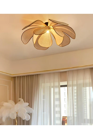 burenze Modern İskandinav Tasarım Bohem Rose Çiçek Tavan Avize Hazeran Hasır Rattan Salon Avizesi ürün görseli 1