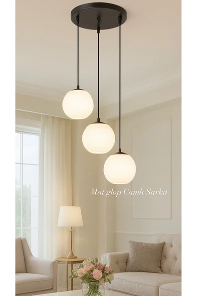 burenze Modern Camlı Avize Beyaz Mat Glop Camlı Salon Avizesi 3 lü Sarkıt Avize ürün görseli 1