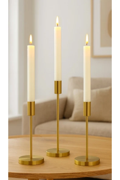 burenze Modern Metal Dekoratif Mumluk 3’lü Set Şamdan Obje Eskitme Gold Sarı (Mum Hariçtir) ürün görseli 1