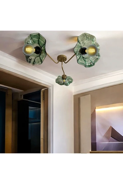 burenze Luxury Modern Exclusive Tasarım Yeşil Kristal Camlı Flower Çiçek Üçlü Avize Eskitme Gold Sarı ürün görseli 1