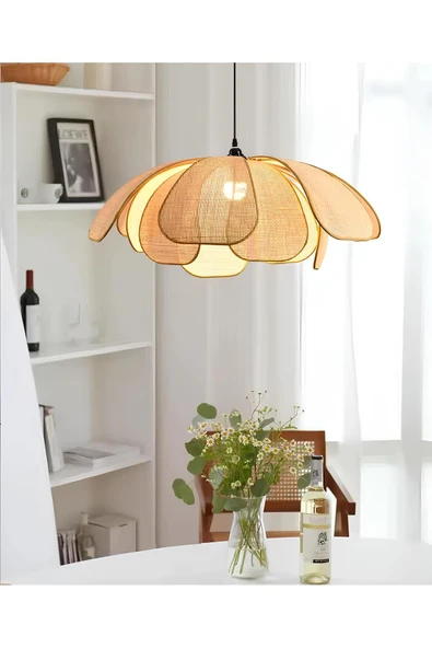 burenze Modern Iskandinav Tasarım Bohem Rose Çiçek Sarkıt Avize Hazeran Hasır Avize Rattan Salon Avizesi ürün görseli 1