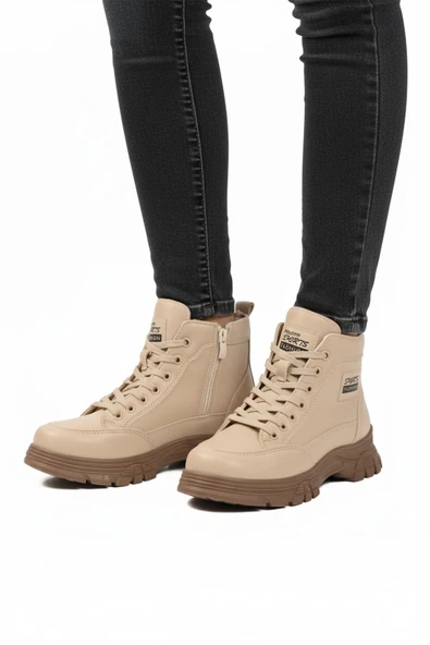 Bej İçi Kürklü Fermuarlı Bağcıklı Kadın Sneaker Bot ürün görseli 1