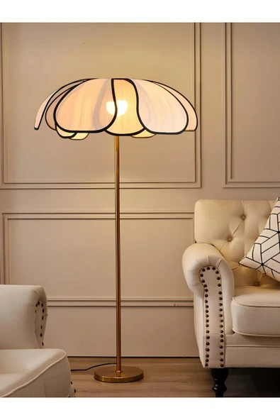 burenze Boheme Modern Tasarım Palm Burenze Dekoratif Lambader Eskitme Gold Gövde Ekru Kumaş Abajur ürün görseli 1