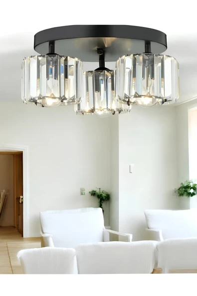 burenze Modern Tasarım Kristal Taşlı Tavana Sıfır Üçlü Avize Salon Oturma Odası Mutfak Avizesi Siyah ürün görseli 1