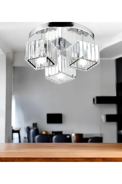 burenze Modern Tasarım Kristal Taşlı Tavana Sıfır Kare Üçlü Avize Salon Oturma Odası Mutfak Avizesi Krom ürün görseli 1