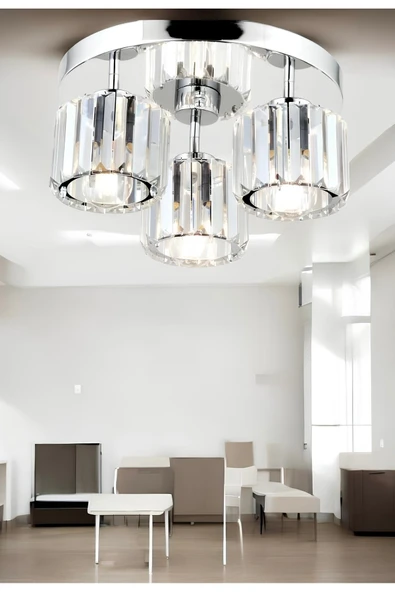 burenze Modern Tasarım Kristal Taşlı Tavana Sıfır Üçlü Avize Salon Oturma Odası Mutfak Avizesi Krom Gümüş ürün görseli 1