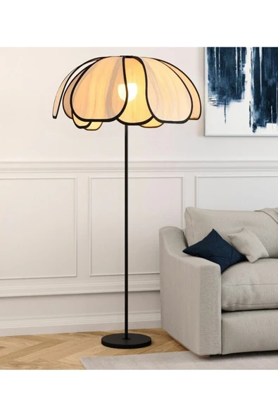 burenze Boheme Modern Tasarım Palm Burenze Dekoratif Lambader Siyah Gövde Ekru Kumaş Abajur ürün görseli 1