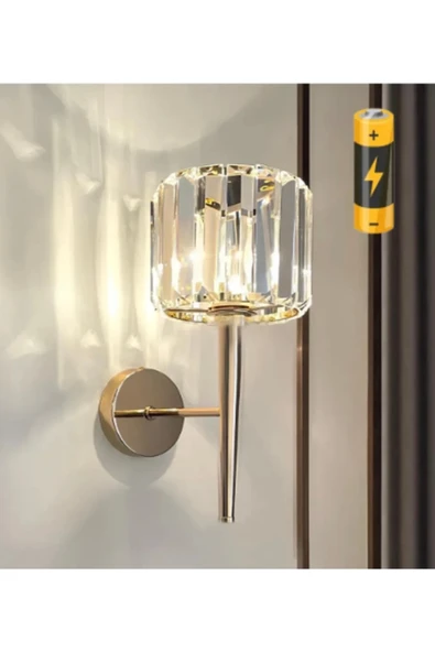 Buiva Pilli Duvar Aplik Kristal Taşlı Kablosuz Pilli Aplik Aç Kapa Butonlu Gold Sarı Kaplama ürün görseli 1