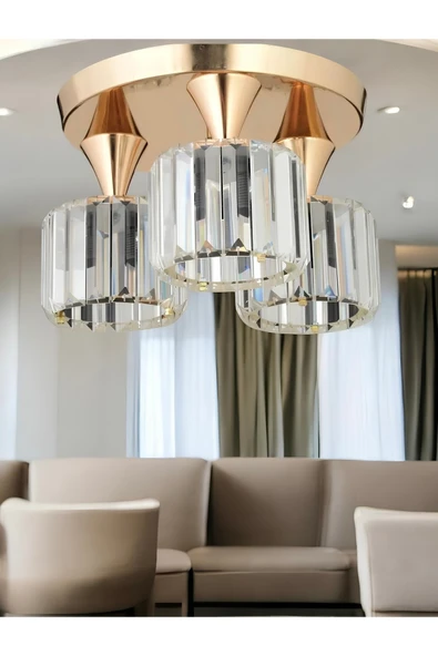 burenze Modern Tasarım Kristal Taşlı Tavana Sıfır Üçlü Avize Salon Oturma Odası Mutfak Avizesi Gold Sarı ürün görseli 1