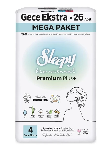 Sleepy Bio Natural Premium Plus Hijyenik Ped Mega Paket Gece 26 adet ürün görseli 1