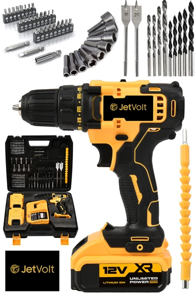 JetVolt 12V 1.5Ah Metal Şanzuman Çift Akülü 84 Parça Şarjlı Matkap Akülü Vidalama - Sarı ürün görseli 1