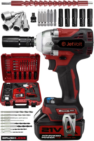 JetVolt 21V 2.0Ah Profesyonel Somun Sıkma Sökme Şarjlı Darbeli Matkap Akülü Vidalama - Kırmızı ürün görseli 1