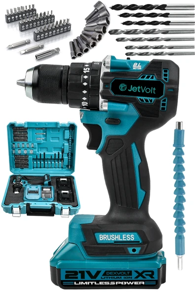 JetVolt 21V 2.0Ah Kömürsüz Motor Çelik Mandren Darbeli Şarjlı Matkap Akülü Vidalama - Mavi ürün görseli 1