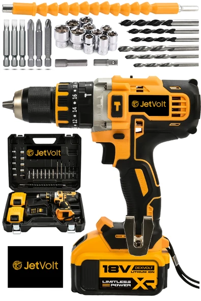 JetVolt 18V Metal Şanzıman Çift Akülü Şarjlı Darbeli Matkap 24 Parça - Sarı ürün görseli 1