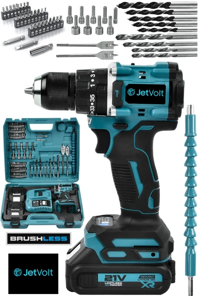 JetVolt 21V Çelik Mandren Kömürsüz Motor Darbeli Şarjlı Matkap Vidalama - Mavi ürün görseli 1