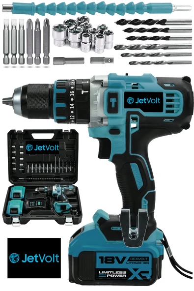 JetVolt 18V Metal Şanzıman Çift Akülü Şarjlı Darbeli Matkap 24 Parça - Mavi ürün görseli 1