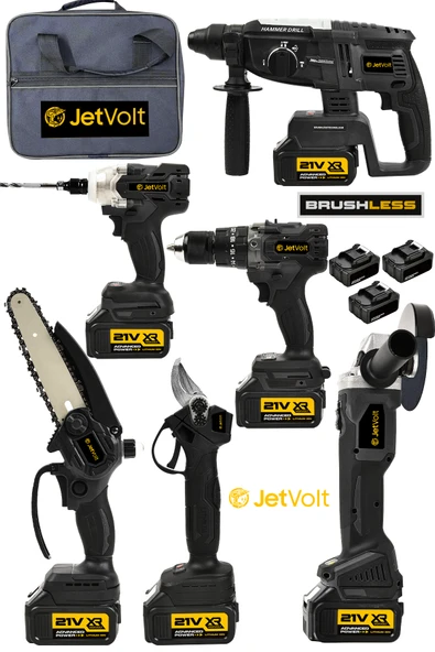 JetVolt Profesyonel 21V 2.0Ah Bez Çantalı Kömürsüz Darbeli 6'lı Set - Siyah ürün görseli 1