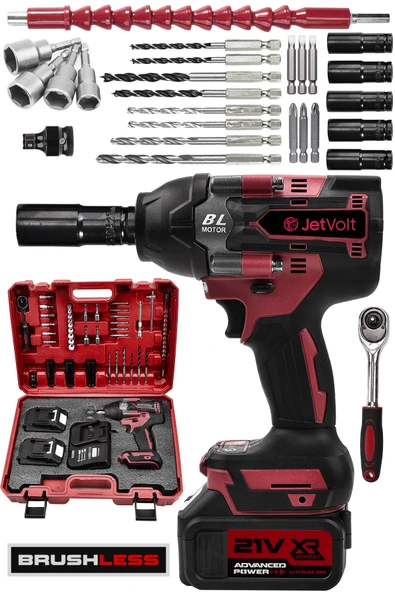JetVolt 21V 2.0Ah Akülü Vidalama Darbeli Kömürsüz Motor 800Nm 10 Pilli Bijon Somun Sökme Sıkma - Kırmızı ürün görseli 1