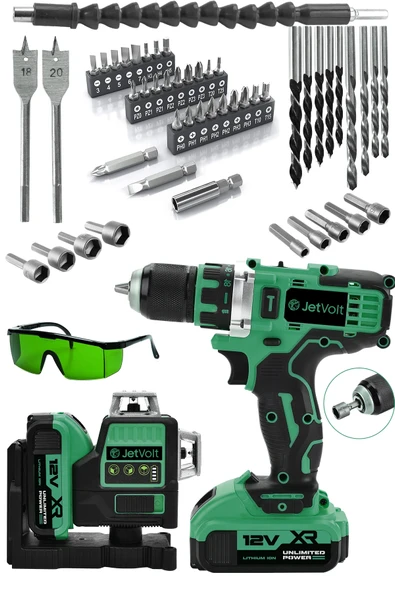 JetVolt Çift Akülü 12 Köşe 360° Otomatik Hizalamalı Lazer Metre ve Çelik Mandren 84 Parça Şarjlı Matkap - Yeşil ürün görseli 1