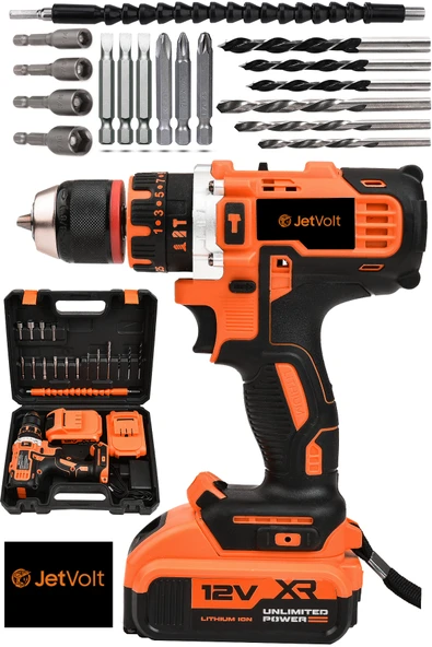 JetVolt 12V 1.5Ah Çelik Şanzıman Çift Akülü Darbeli Şarjlı Matkap Akülü Vidalama - Turuncu ürün görseli 1