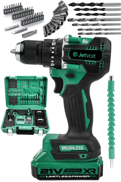 JetVolt 21V 2.0Ah Kömürsüz Motor Çelik Mandren Darbeli Şarjlı Matkap Akülü Vidalama - Yeşil ürün görseli 1