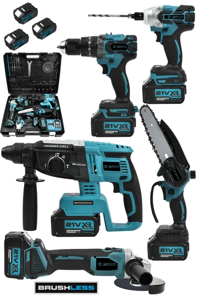JetVolt 21V 2.0Ah Kömürsüz Darbeli 5'li Set Şarjlı Hilti + Taşlama + Somun Sıkma + Akülü Vidalama + Budama Testeri - Mavi ürün görseli 1