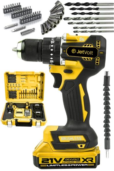 JetVolt 21V 2.0Ah Kömürsüz Motor Çelik Mandren Darbeli Şarjlı Matkap Akülü Vidalama - Siyah ürün görseli 1