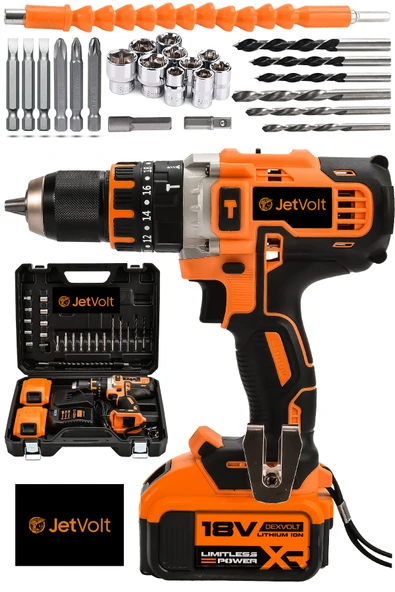 JetVolt 18V Metal Şanzıman Çift Akülü Şarjlı Darbeli Matkap 24 Parça - Turuncu ürün görseli 1