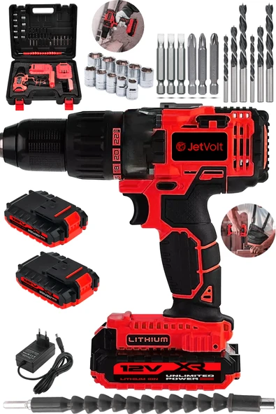 JetVolt 12V 1.5Ah Metal Şanzıman Çift Akülü Bakır Sargı 24 Parça Şarjlı Matkap Akülü Vidalama - Kırmızı ürün görseli 1