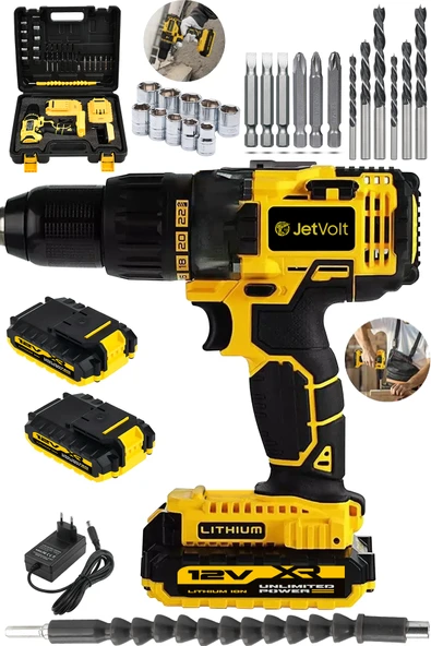 JetVolt 12V 1.5Ah Metal Şanzıman Çift Akülü Bakır Sargı 24 Parça Şarjlı Matkap Akülü Vidalama - Sarı ürün görseli 1