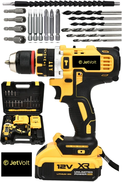 JetVolt 12V 1.5Ah Çelik Şanzıman Çift Akülü Darbeli Şarjlı Matkap Akülü Vidalama - Sarı ürün görseli 1
