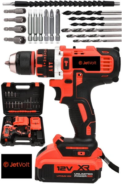 JetVolt 12V 1.5Ah Çelik Şanzıman Çift Akülü Darbeli Şarjlı Matkap Akülü Vidalama - Kırmızı ürün görseli 1