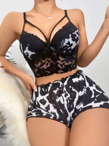 Kadın Siyah Leopar desenli Dantel detaylı Şortlu Gecelik Pijama Takımı 5055 ürün görseli 1
