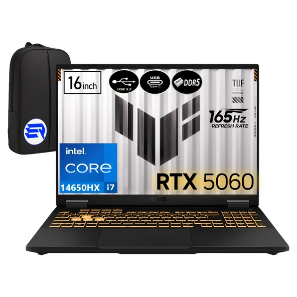 Asus Tuf Gamıng F16 FX608JMR-RV067EP8 Intel I7-14650HX 16GB Ram 2tb SSD RTX5060 16" Fhd+ 165Hz WIN11 Pro + Elektropasaj Çanta ürün görseli 1