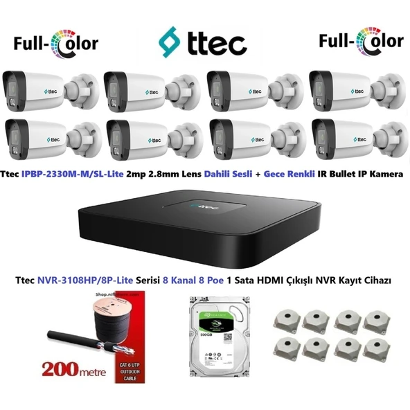 2mp Dahili Sesli ve Gece Renkli 8 Kameralı 500GB Disk Tak Çalıştır Hazır Ip Kamera Seti ürün görseli 1