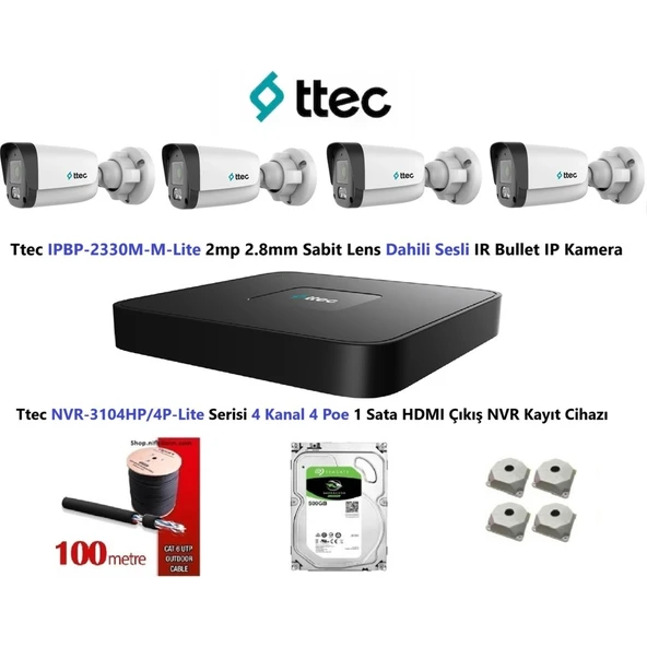 Ttec 2mp Mikrofonlu 4 Kameralı 500GB Disk Tak Çalıştır Hazır Ip Kamera Seti ürün görseli 1